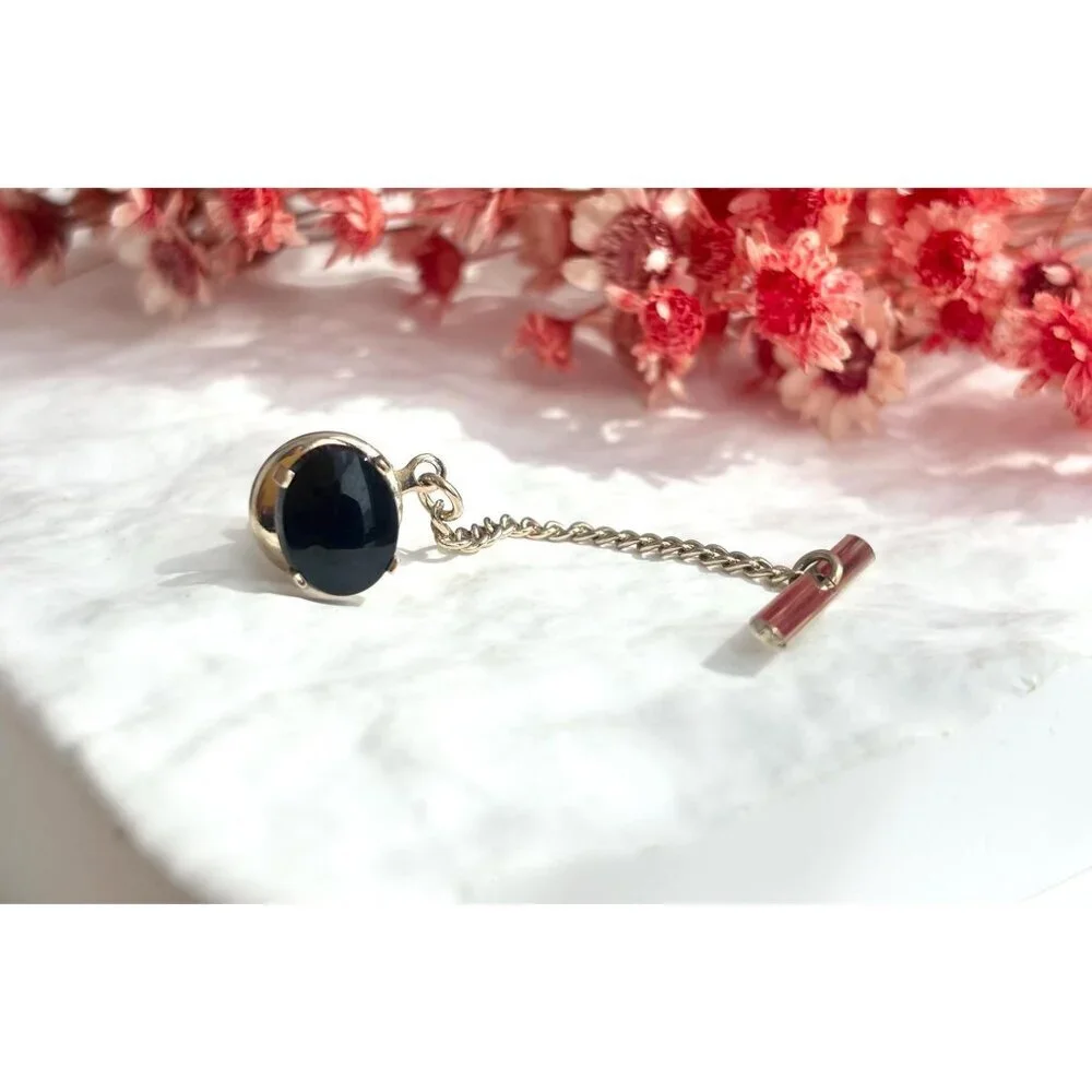 Faux Black Onyx Stone Silver Toned Vintage Men's Tie Tack